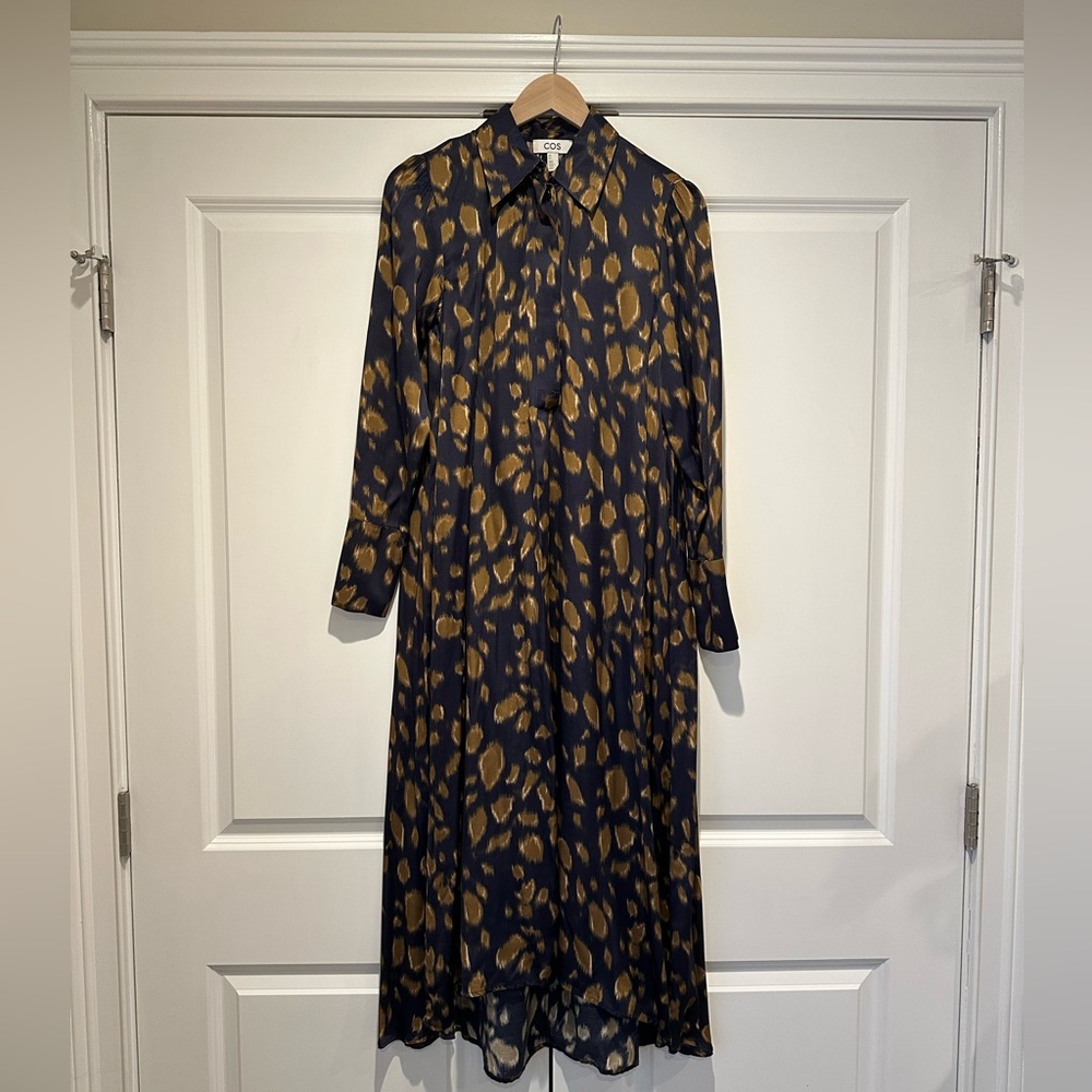 COS printed midi shirt dress with self tie belt, size 4